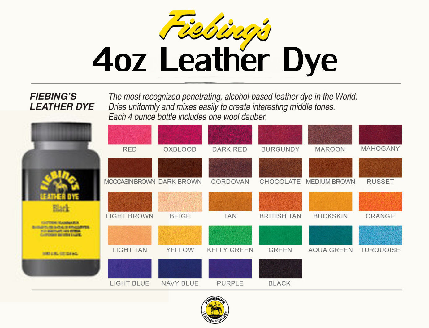 Fiebing’s Leather Dye w/ Applicator – ALL COLORS- 4 OZ |Not for CA Customers|