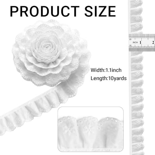 White Cotton Ruffled Eyelet Trim 10 Yards for Sewing Crafts Bridal Decor