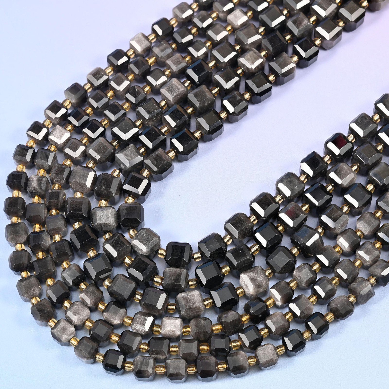 Silver Obsidian Faceted Cube Beads: Size 6mm 8mm, Jewelry Making, 15 inch Strand