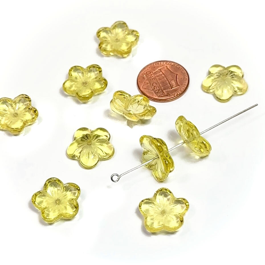 Czech Pressed Druk Glass Beads Flower Center Hole 16mm Jonquil Yellow 10pc CL033