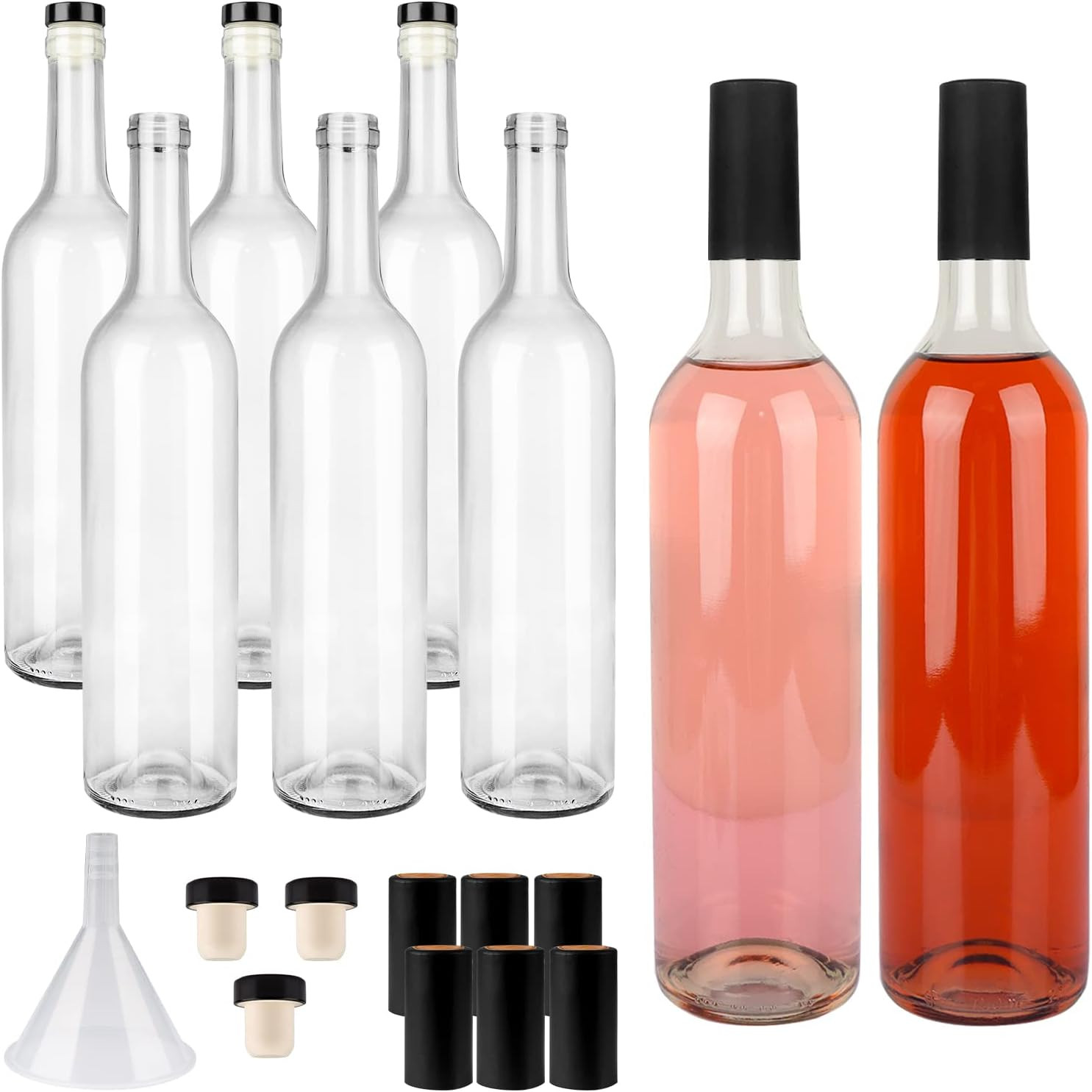 750Ml Clear Glass 8 Bottles 4 Color Cork Lids PVC Shrink Capsules Empty Home Bre