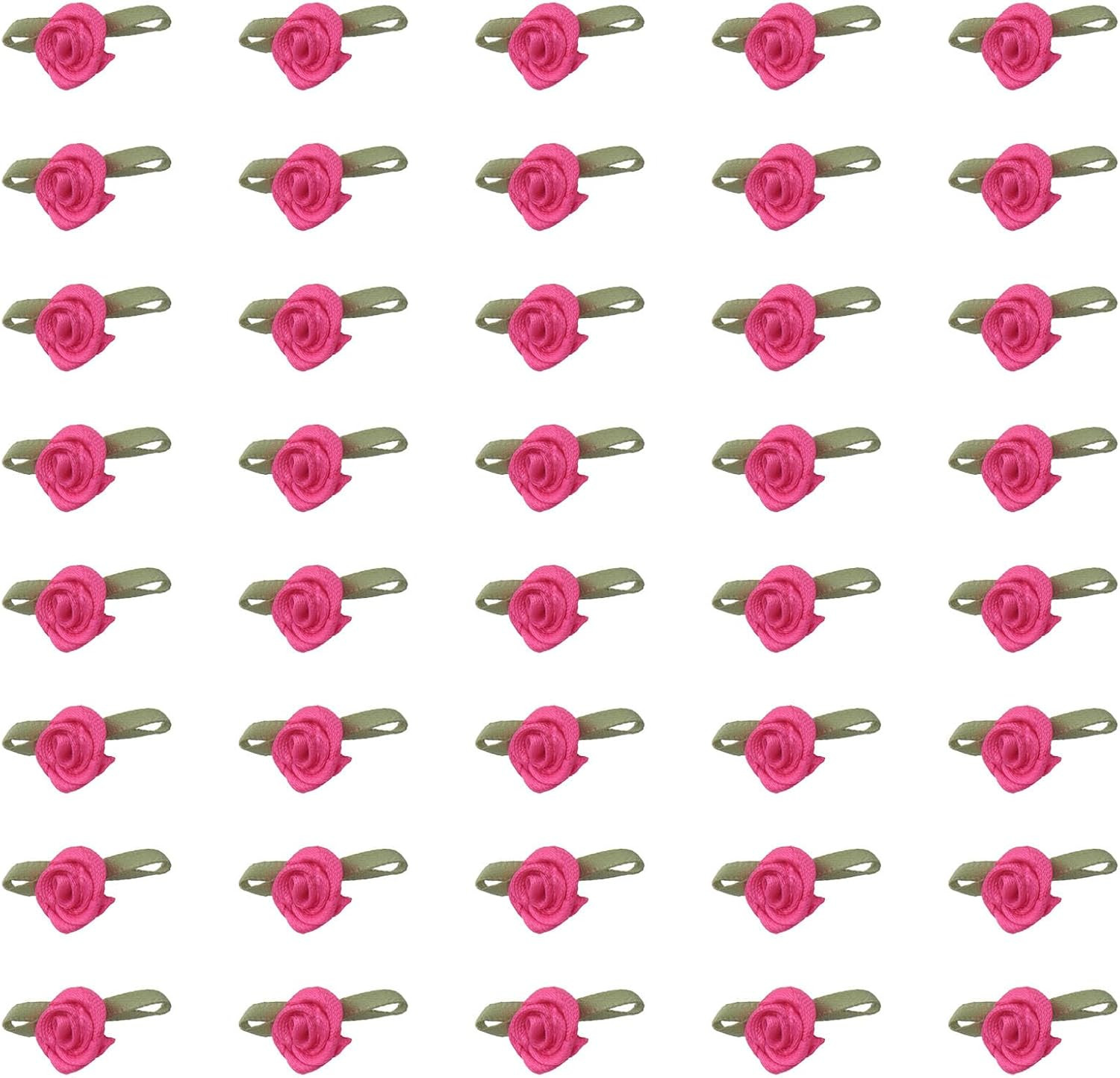 50 Pcs Satin Roses with Green Leaves Mini Cute Ribbon Bows Fabric Artificial Flo