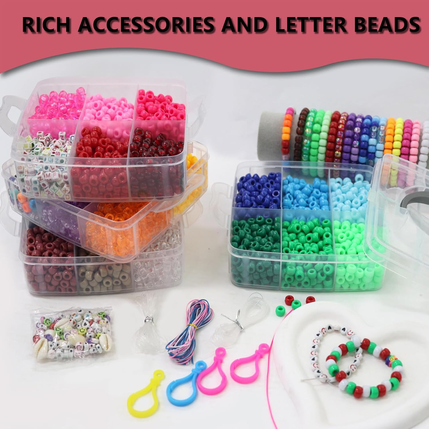 4600+Pcs Pony Beads Kit, Kandi Hair Rainbow Beads Plastic Bead for Craft 6 X 9Mm