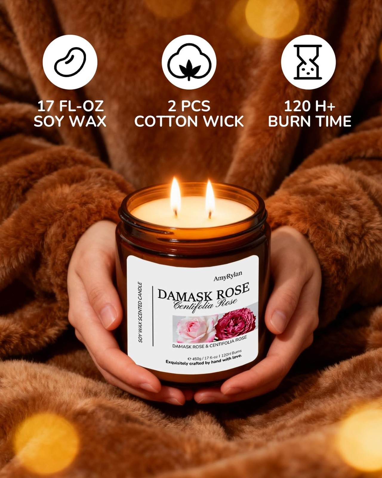 2 Wicks 17oz Large Non-Toxic Soy Wax Scented Candle, Damask Rose&Centifolia R…