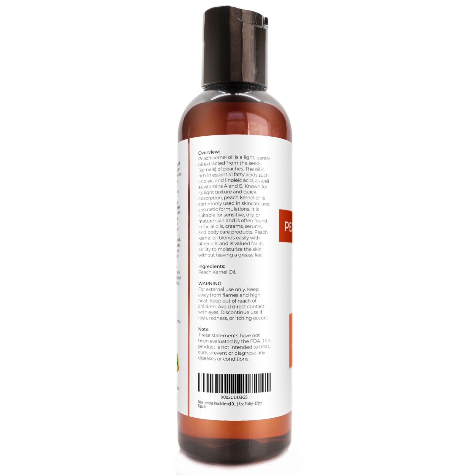 Peach Kernel Oil By Velona – 4 Fl Oz Refined Expeller pressed Skin, Hair Body