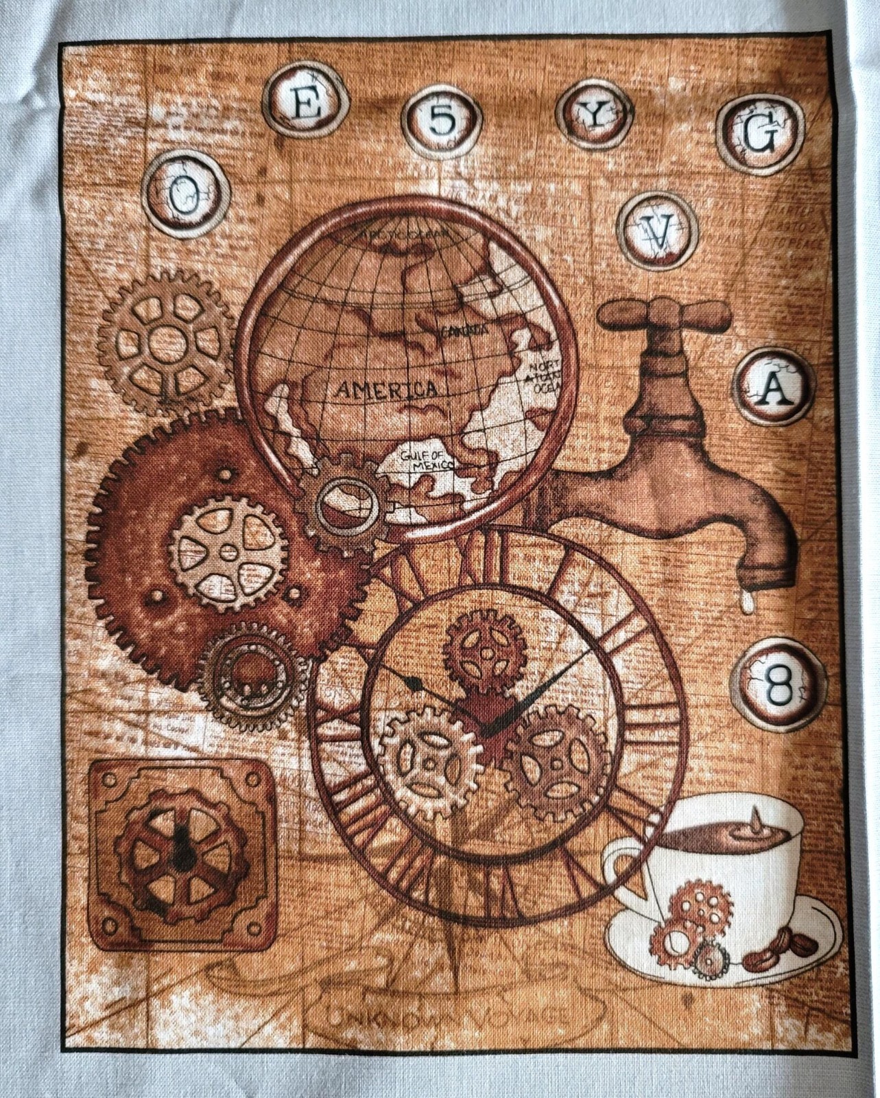 Unknown Voyage Steampunk Quilt Panel by Tana Mueller 12 Block 44″x17″