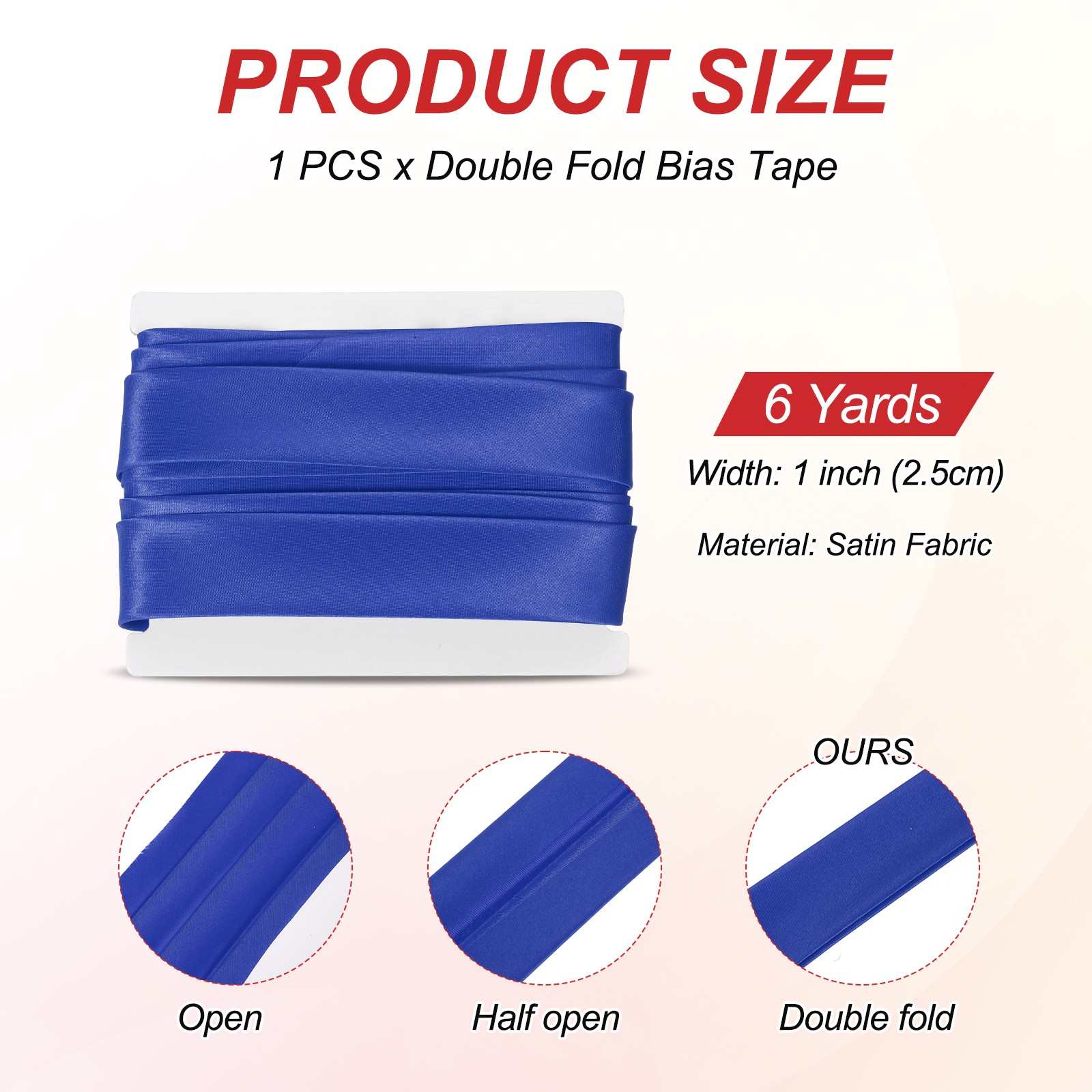 Double Fold Bias Tape 1 Inch x 6 Yards Satin Pre-fold Tape Sapphire Blue