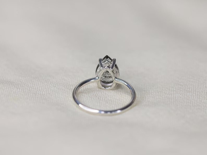 Pear Shaped Black Rutile Quartz Ring – Minimalist Silver Ring for Her