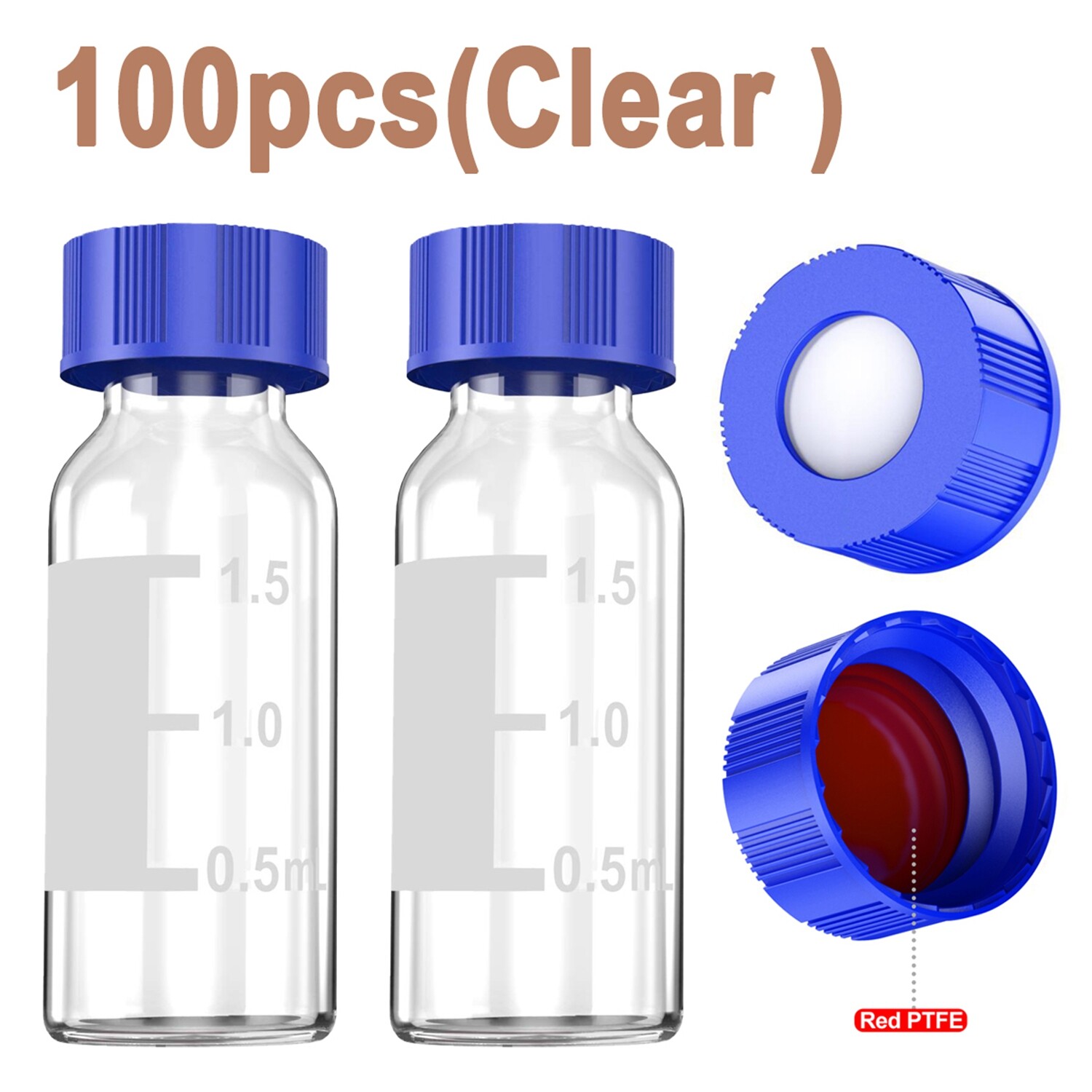 100Pcs 2ml Glass Vials Bottles Clear Containers w/ lids and septa for GC/MS/GPC
