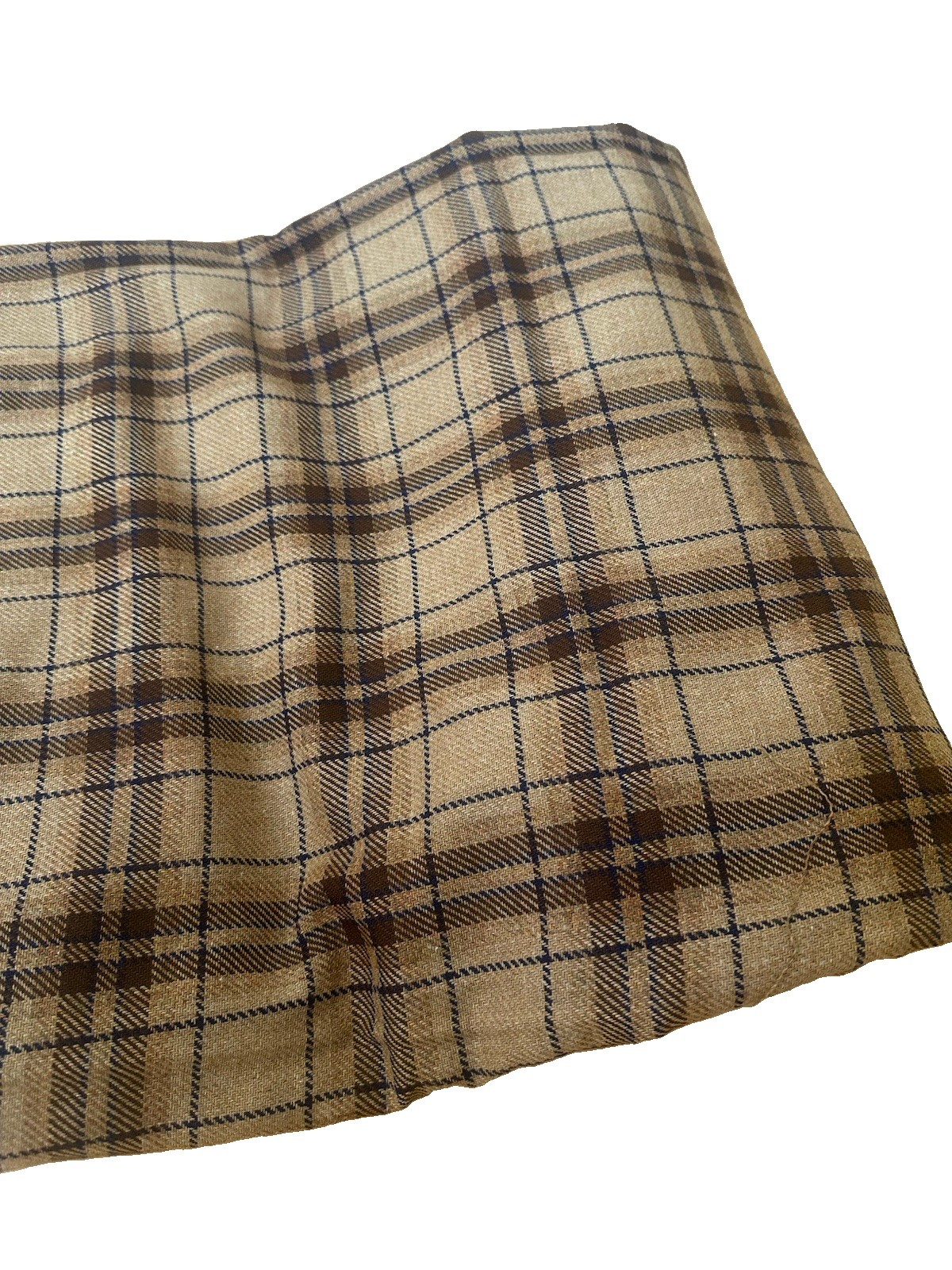 Vintage Fabric 3 1/4 Yards Blue Brown Plaid Wool Blend NOS 70’s