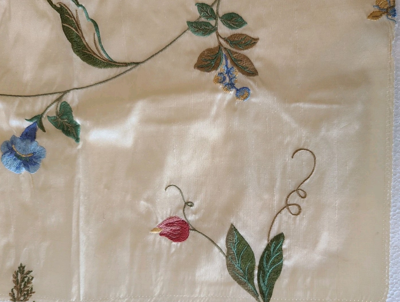Designer Fabric Silk Samples Floral Butterfly Embroidered Cream Green Rose India