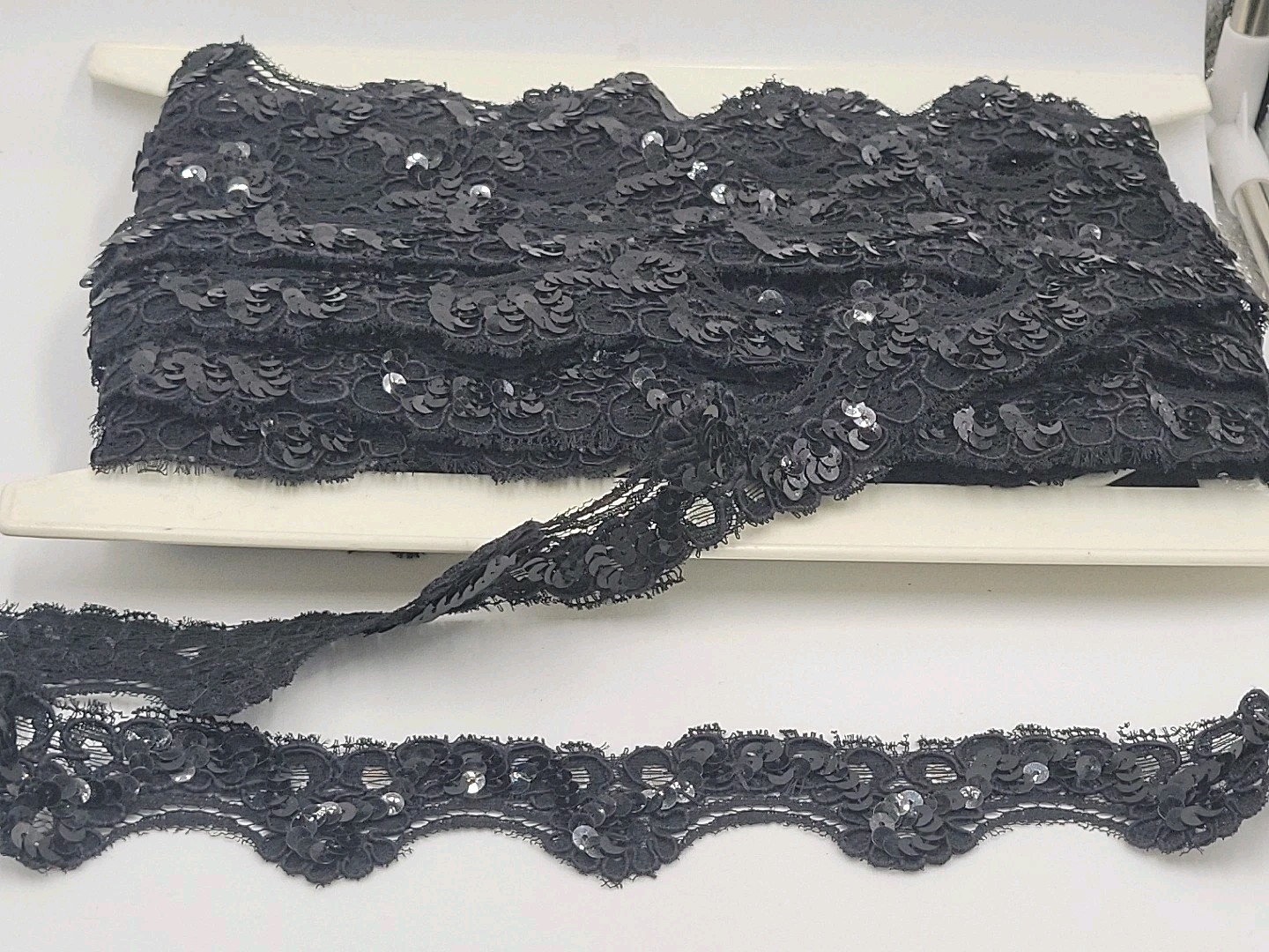Vintage 1 1/2″ Scroll Black Sequin Lace Trim Corded 6 Continuous Yards