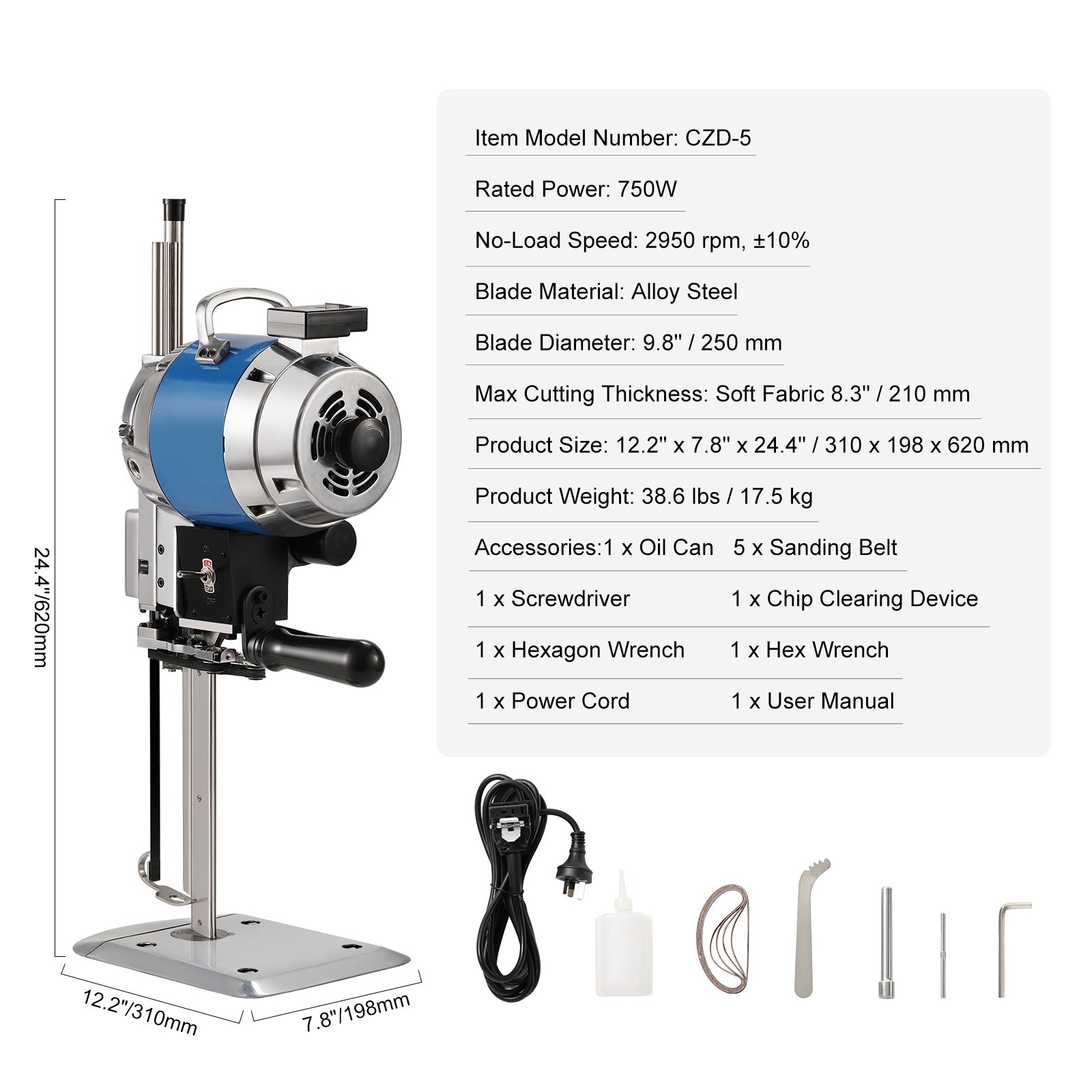 VEVOR Fabric Cutter 750W High-Speed Straight Knife Cloth Cutting Machine 9.8in