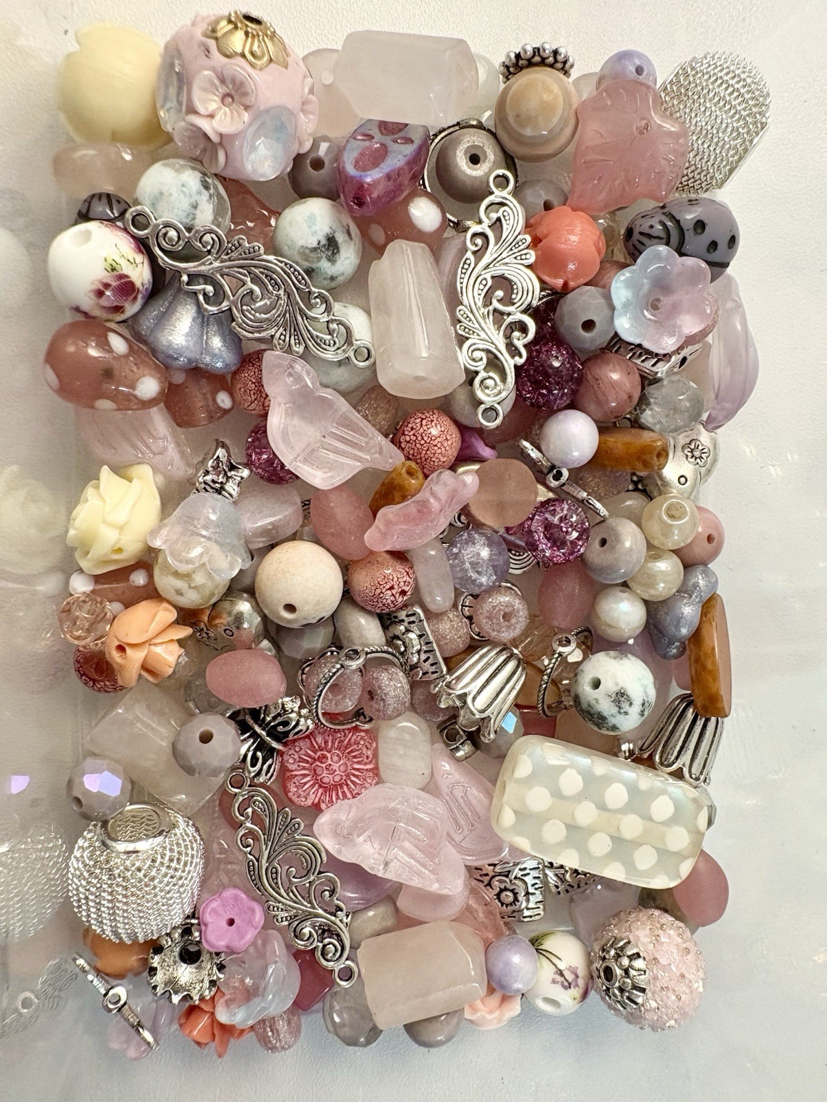 Pink Flowers BEAD MIX for Jewelry Making – Glass, Gemstone, Boho, Czech