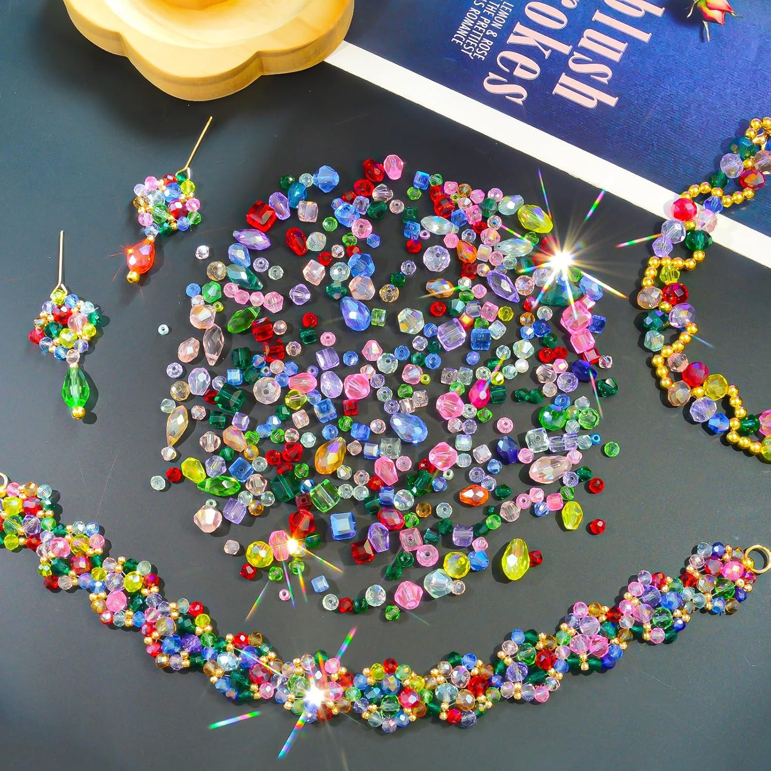 1500 Pcs Crystal Glass Beads for Jewelry Making – 12 Styles Bicone, Rondelle, Cu