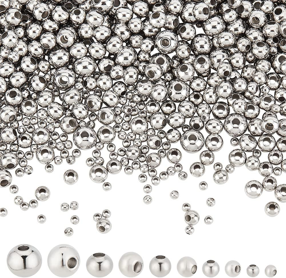 1050 Pcs Stainless Steel Spacer Beads, 5 Sizes , Silver, Round, Beads