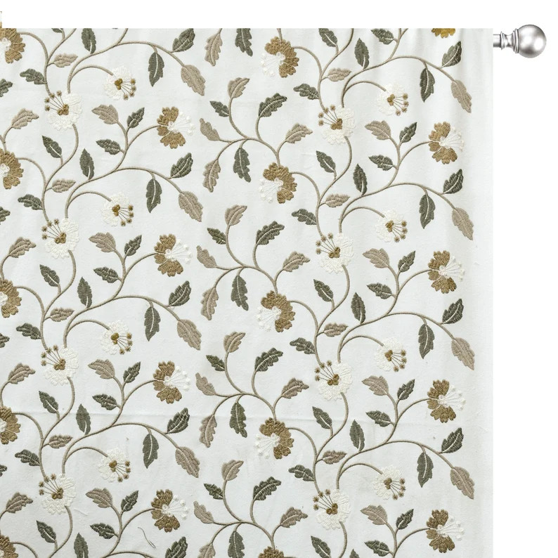 Ivory, Mustard Cotton with Embroidery Fabric by the Yard, 1 Yard Ivory Fabric