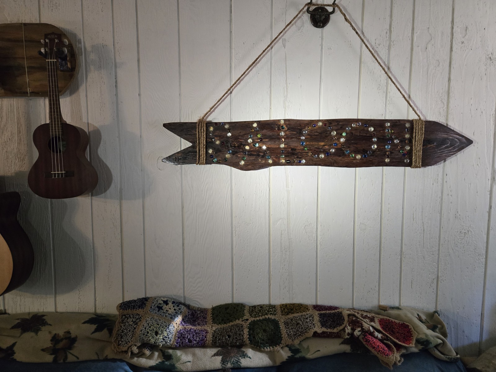 Handcrafted Wooden Arrow Saloon Sign Wall Hanging with Glass, Marbles,