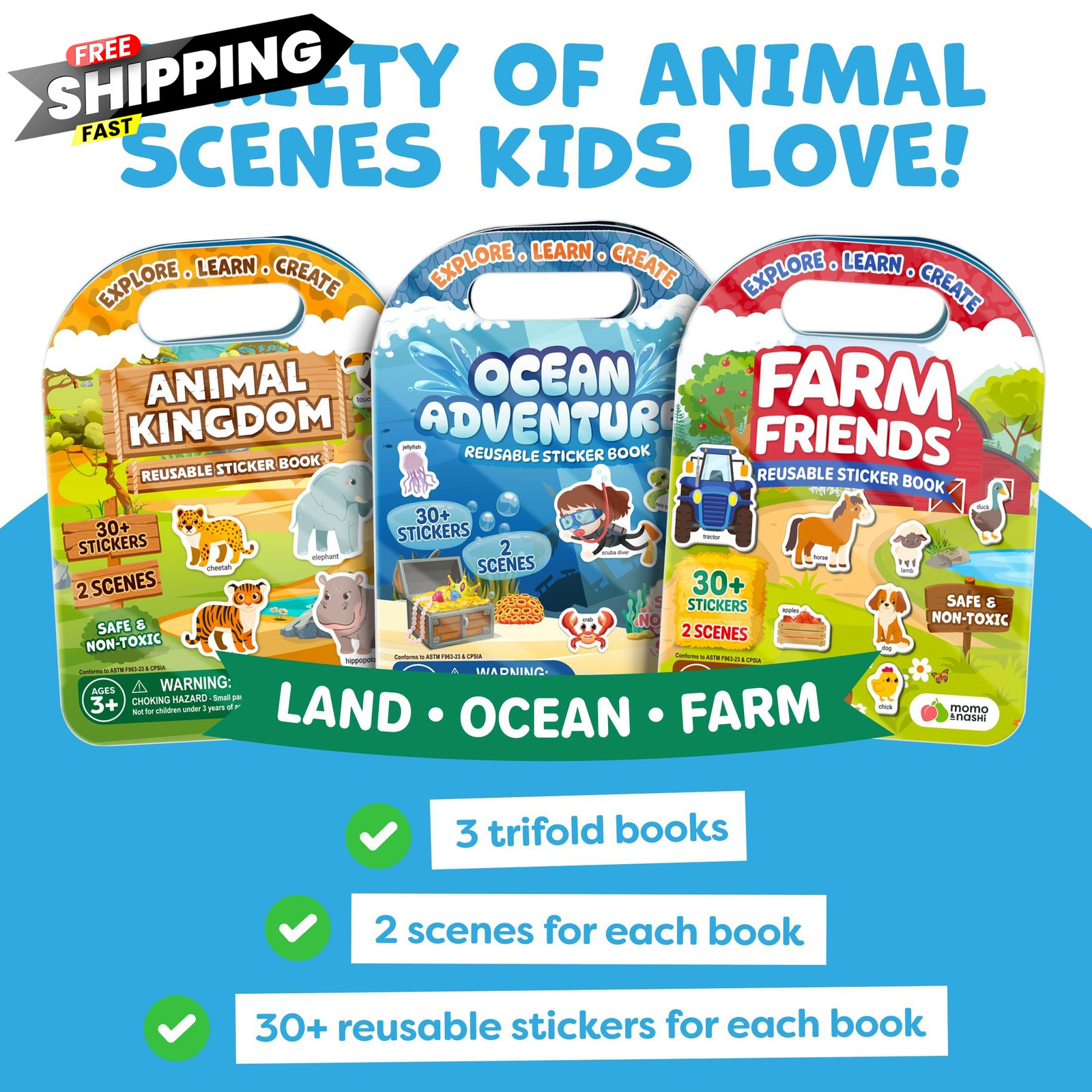 Reusable Sticker Books for Toddlers 1-3, Stickers 22.8″ x 10″, Multicolor