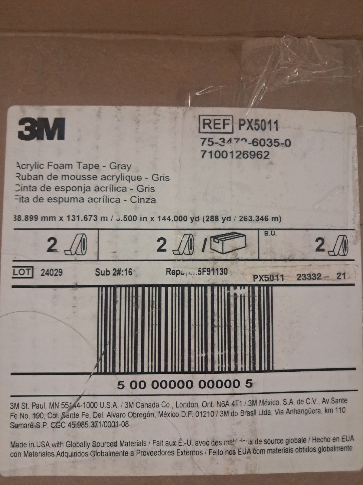 3M BIG ROLL 80 YD X 3.5″ IN VHB PX5011 Double Sided Acrylic Foam Tape Auto