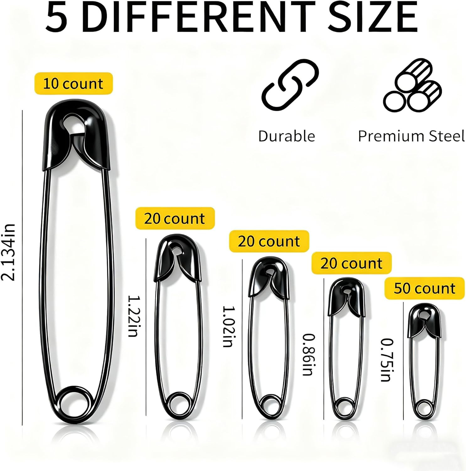 **120pc Black Safety Pins Assorted 5 Sizes Bulk for Sewing Clothes**
