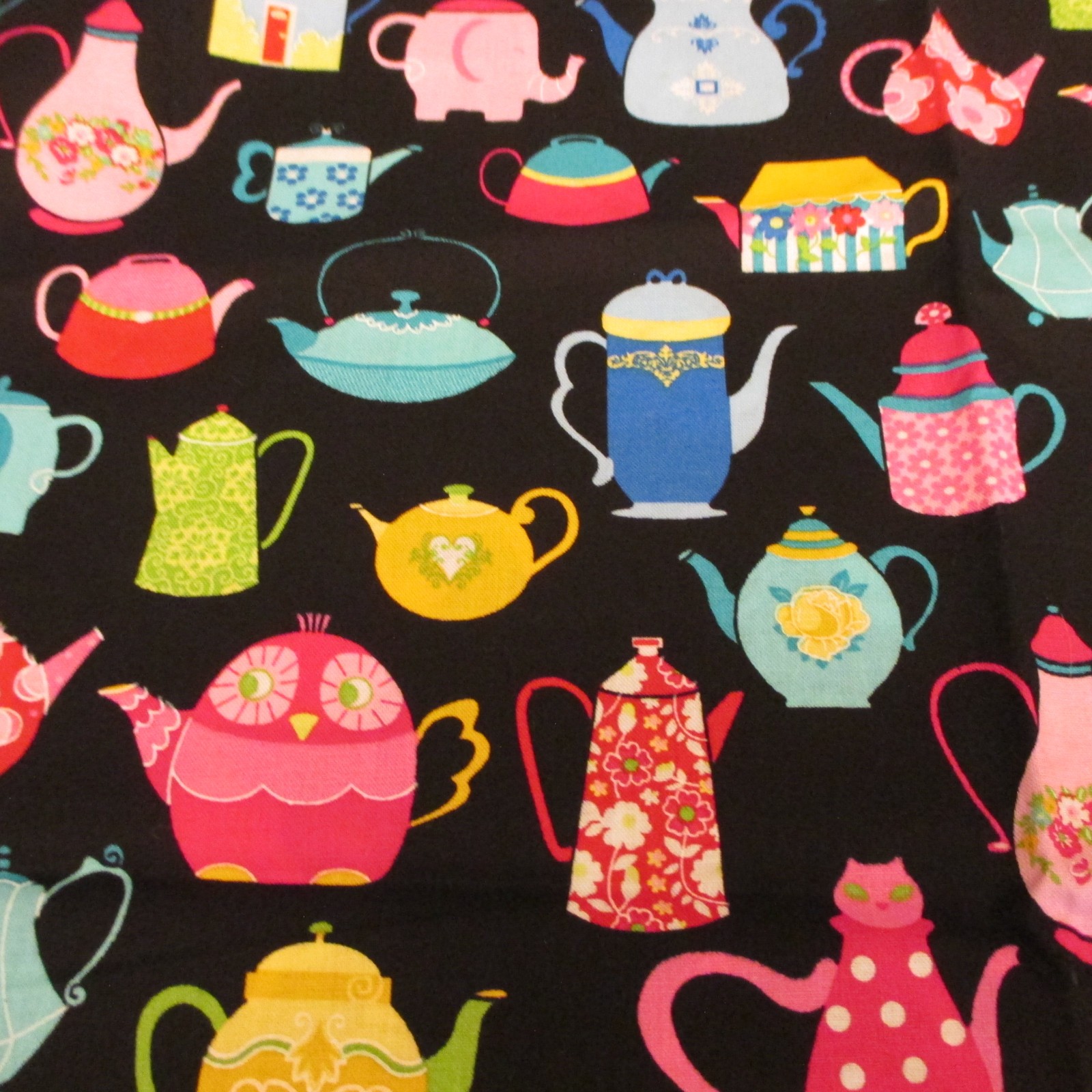 Fabric Traditions Sweeties Animal Tea Pots multicolor On Black 20″ x 42″