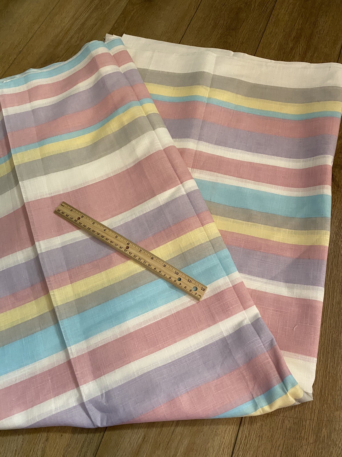 VTG WIDE Pastel Stripe Purple Yellow Pink Cotton Fabric Linen Texture 58″W BTY