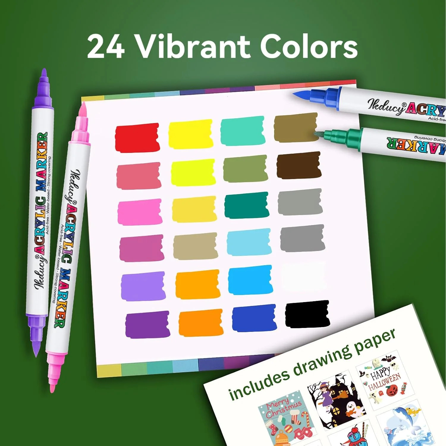 24 Acrylic Paint Markers – Paint Pens for Drawing, Brush + Fine Tips – for Fabri