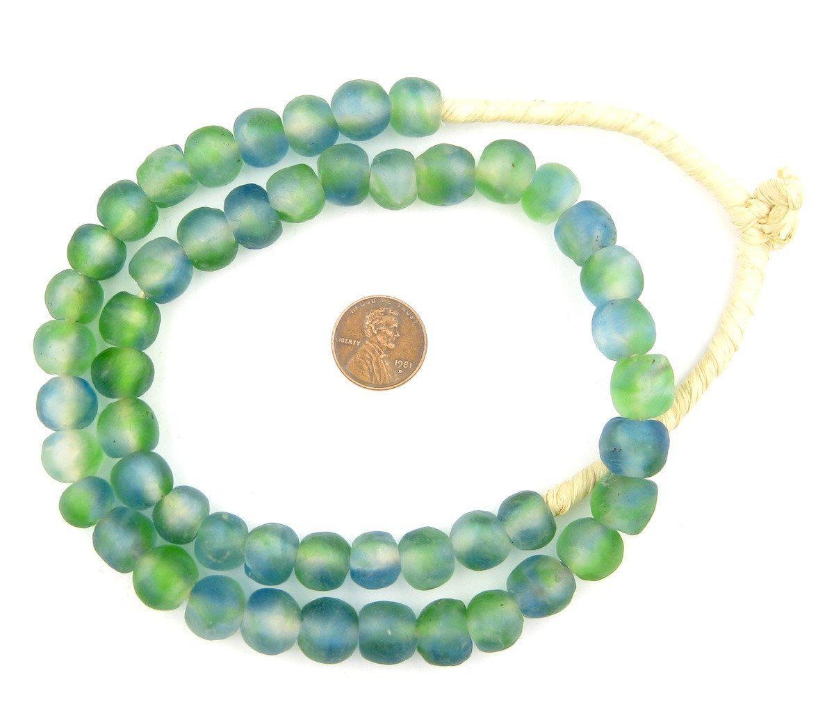 Light Blue Green Swirl Recycled Glass Beads 11mm Ghana African Sea Glass Round