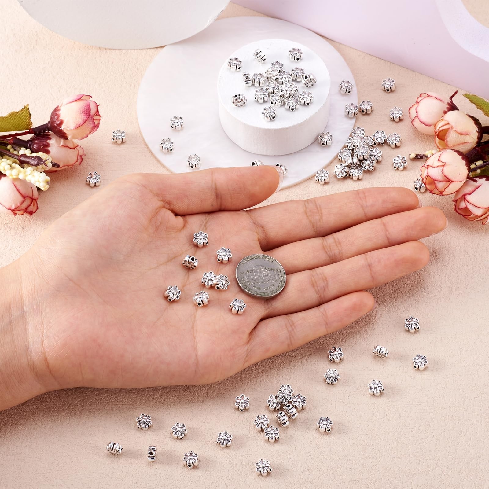 Bead Spacer Charms Tibetan Silver Antique Silver Flower 100pcs 6.5×4.5mm Hole