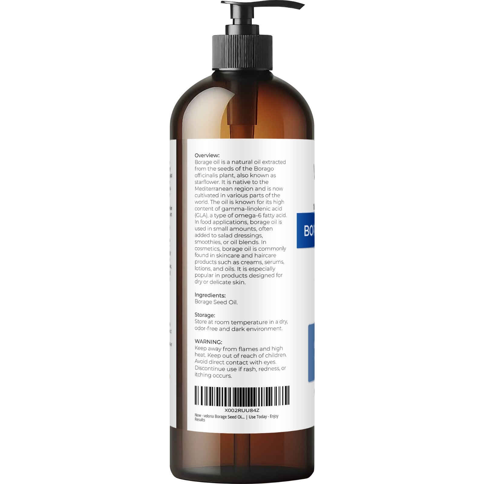 Borage Seed Oil by Velona – 2 Fl Oz – 1 Gal Refined, Expeller pressed, Skin care