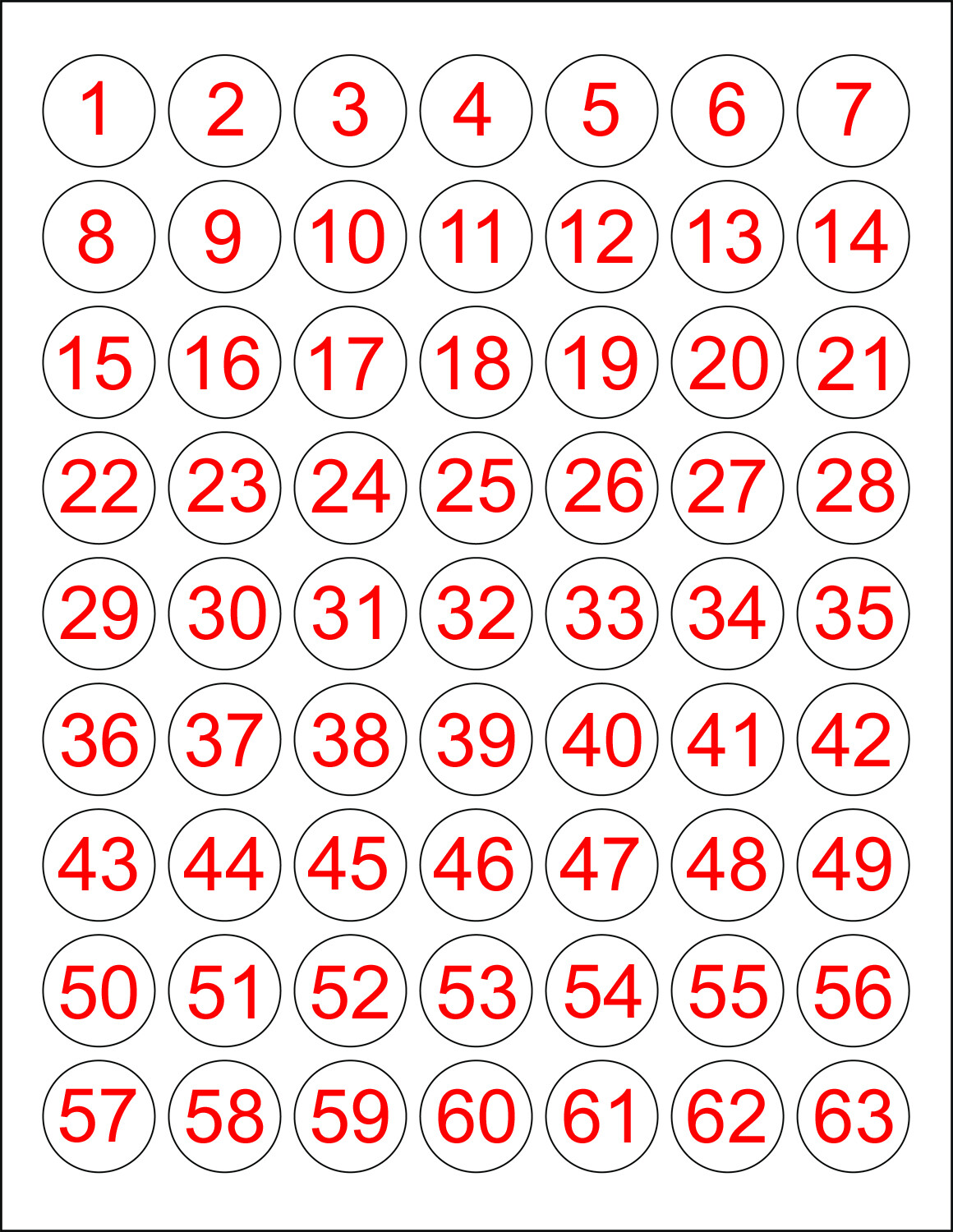 Consecutive Number Stickers 1-63 or 64-126 Sequential 1″ Round Circle Labels