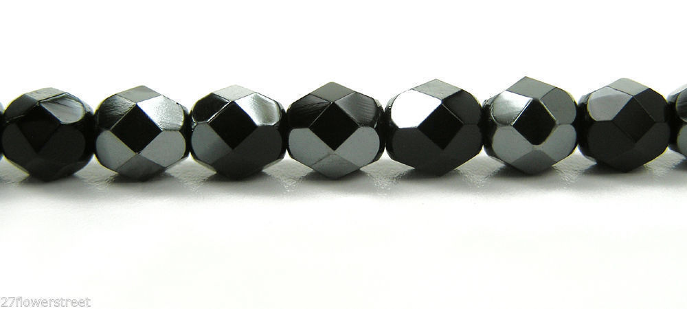 Czech Fire Polished Round Faceted Glass Beads in Jet Hematite Half coated, 16″