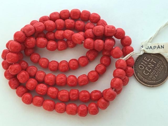 Vintage Cherry Brand 5 – 6mm Dimpled Tomato Red Glass Beads Japan 30
