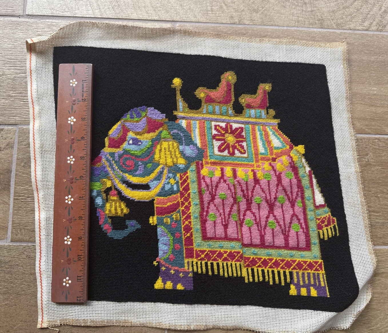 Finished Colorful Indian India Elephant Vintage Needlepoint Crewel Canvas