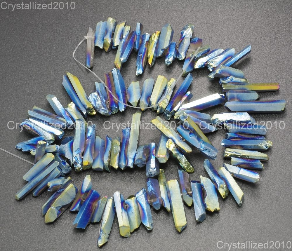 Metallic Titanium Coated Natural Quartz Crystal Stick Spike Pointed Beads 16”