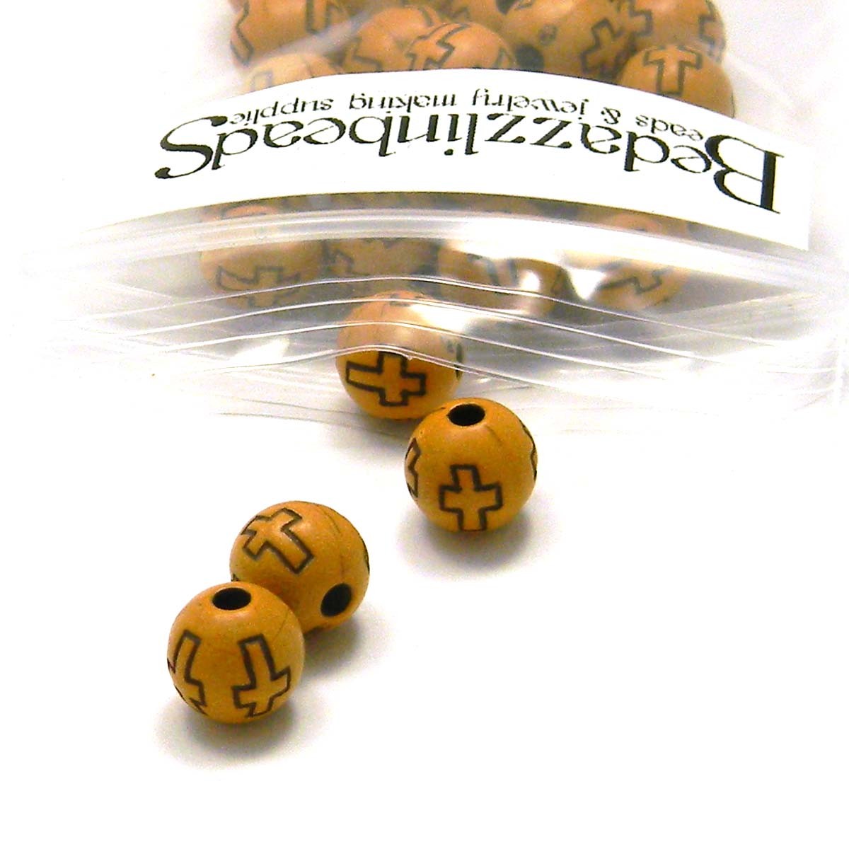 20 Wood Colored Brown 8mm Round Plastic Acrylic Jewelry Beads w/ Engraved Cross