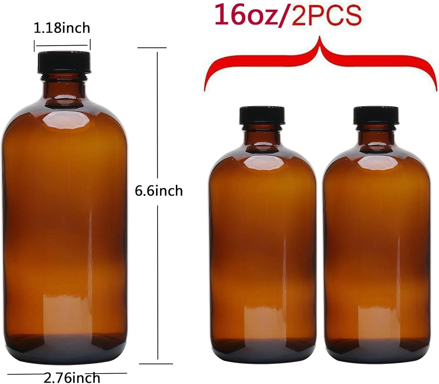 2Pcs 16Oz Amber Glass Boston round Bottles with Air Tight Seal Phenolic Poly Con