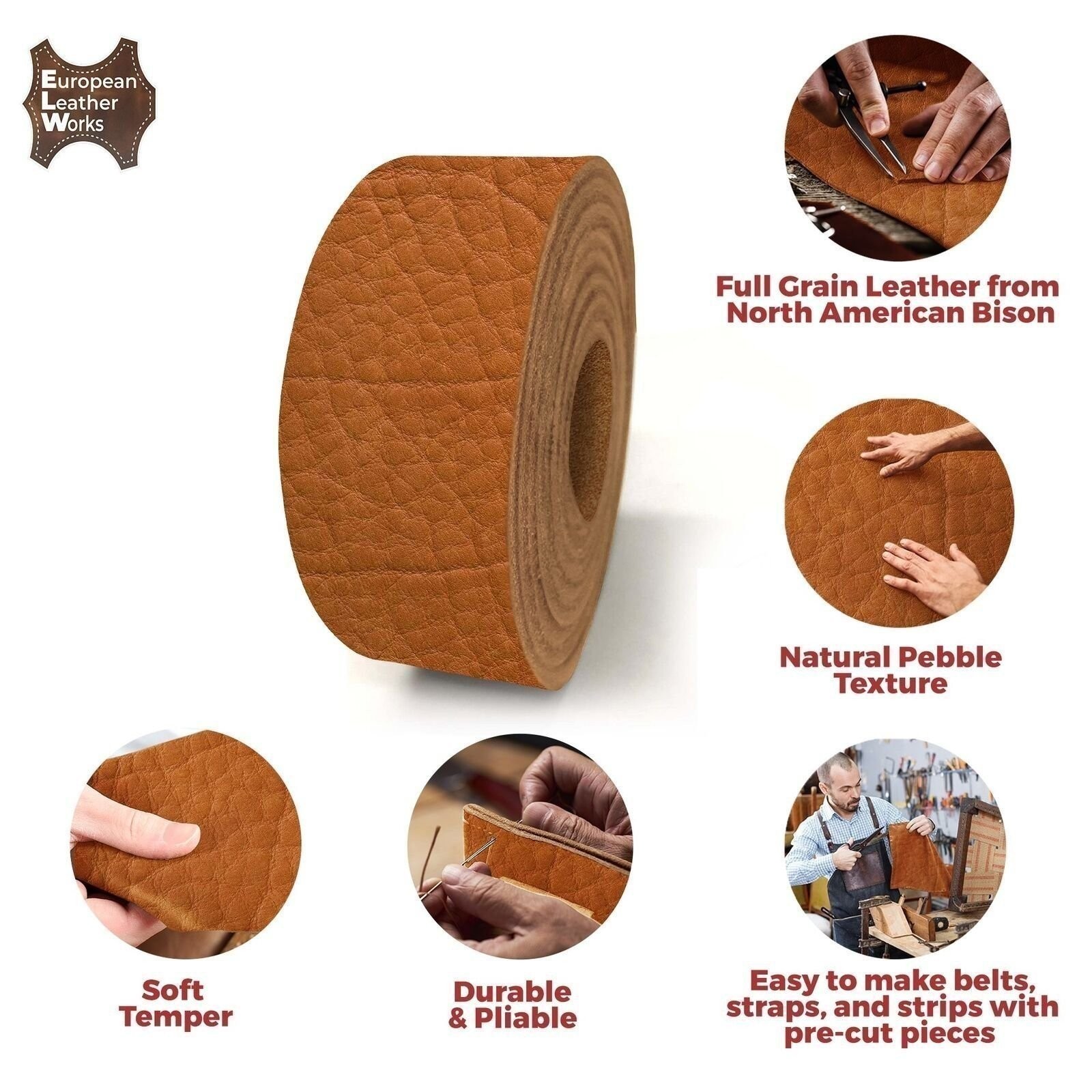 ELW Full Grain Leather Bison Strap 8-9oz (3.2-3.4mm) Thickness 50″ to 84″ Length