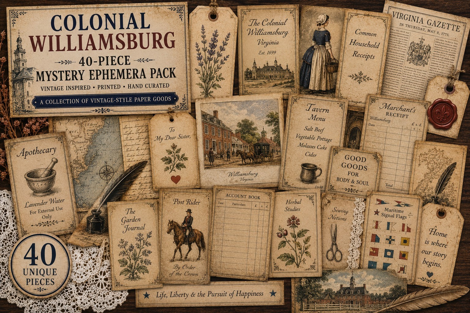 Colonial Williamsburg Inspired 40-Piece Mystery Ephemera Pack for Scrapbooking