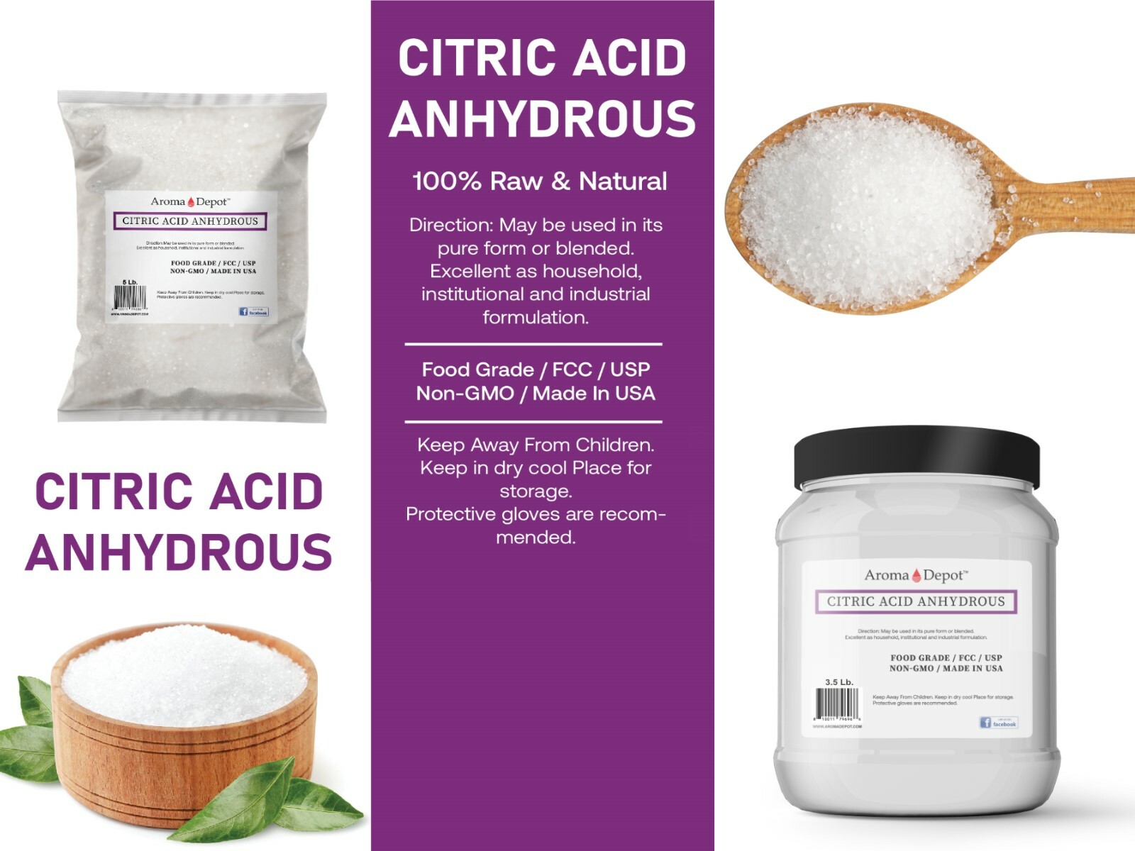 Pure Citric Acid Powder Food Grade FCC/USP – HIGHEST QUALITY – Grade A ANHYDROUS