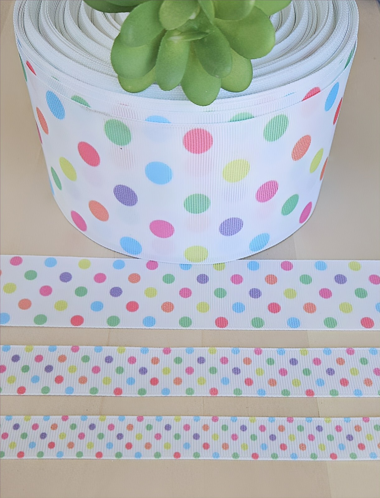 5/8, 7/8 & 1.5” (1 YD) Pastel Polka Dot Grosgrain Ribbon Pink Purple Green