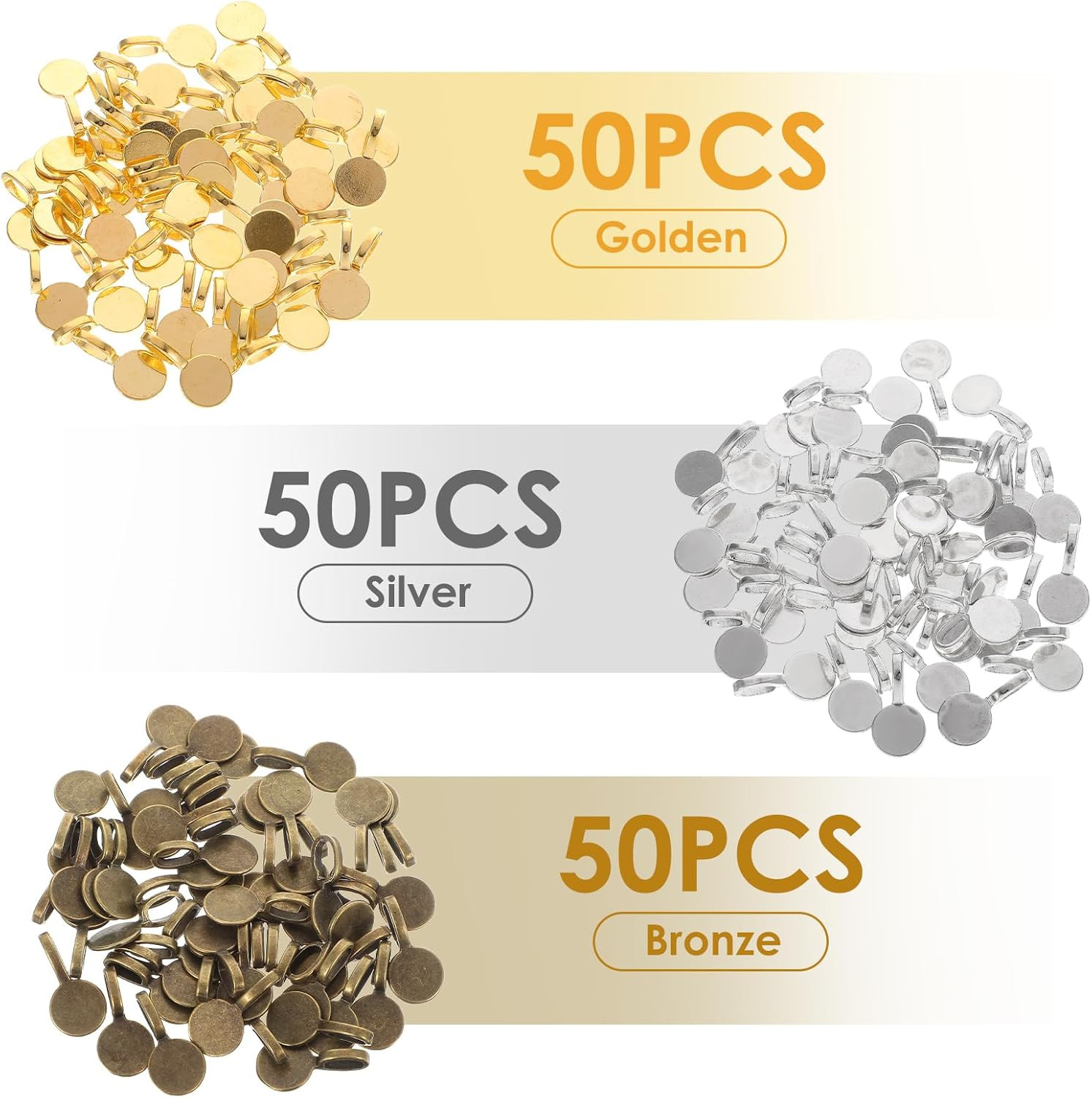 150Pcs Glue-On Bails for Jewelry Making – Gold, Silver, Bronze