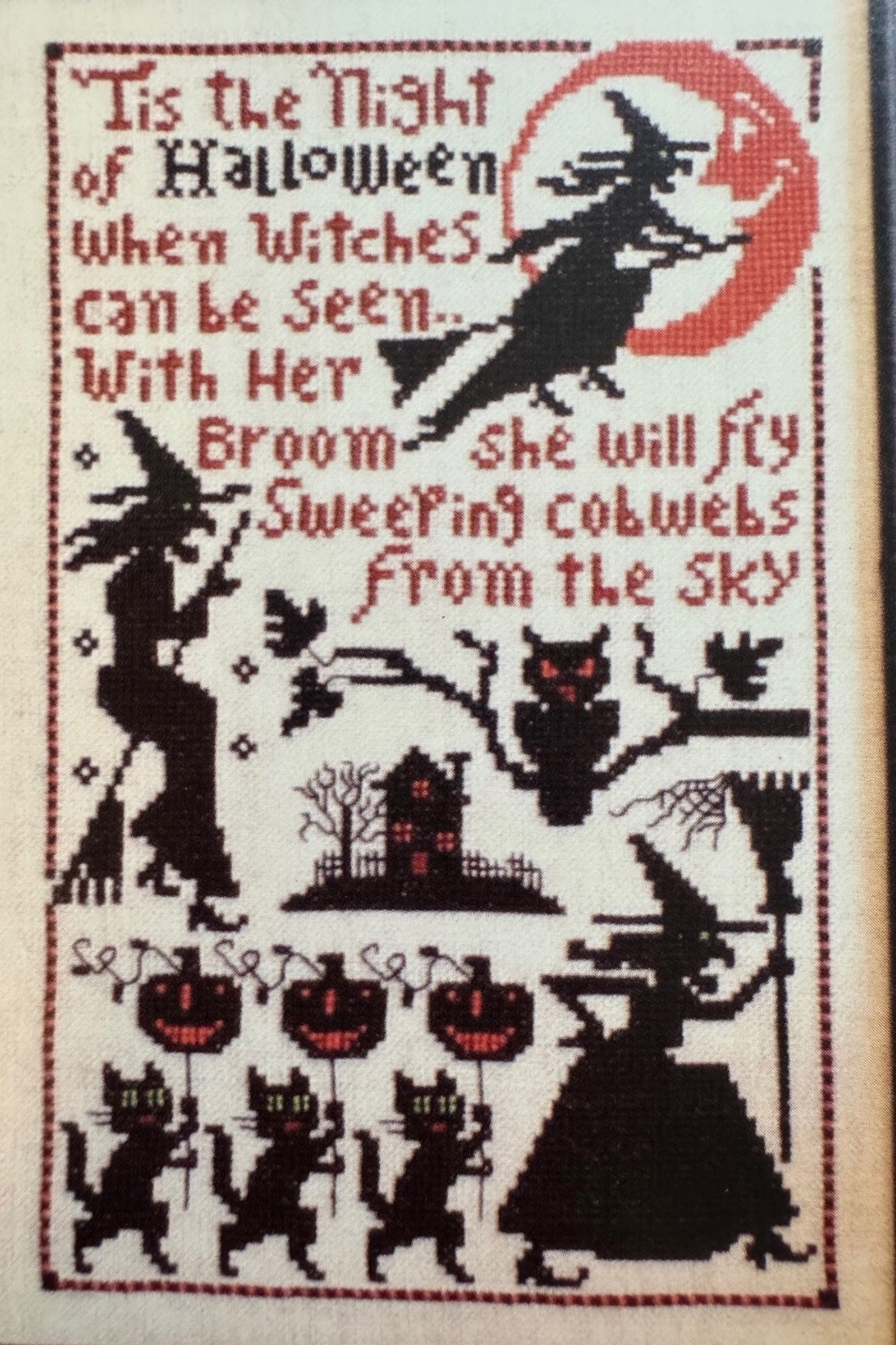 Prairie Schooler Cross Stitch 165 Halloween Sweeping Cobwebs Cats Moon Webs