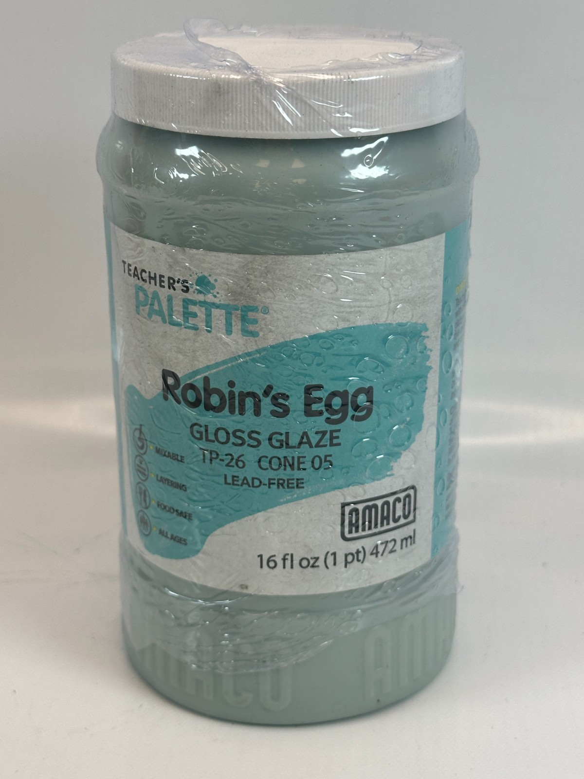 Amaco 36635N Teachers Palette Gloss Glaze – “Robin’s Egg” 16 fl.oz. Sealed Top