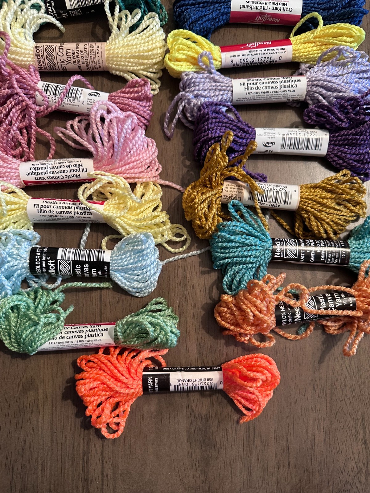 Needloft Plastic Canvas Yarn – Lot of 19 – Mixed Colors – 10 yd each.