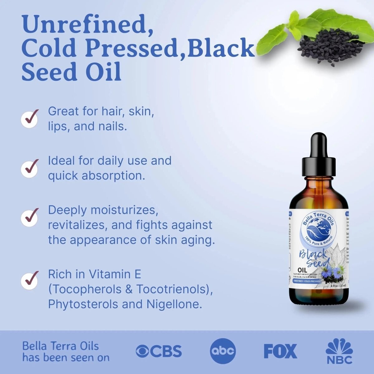 Organic Cold-Pressed Black Seed Oil Raw Unrefined 100% Pure Skin Hair Nails