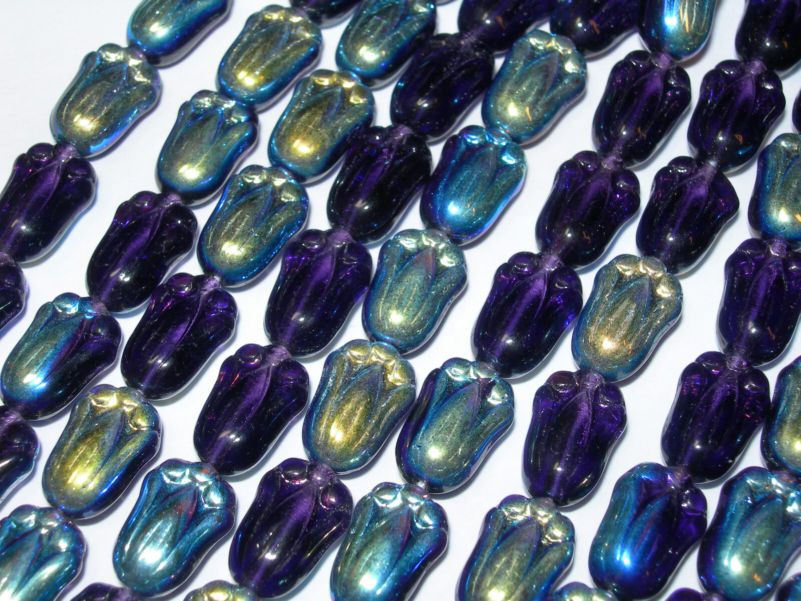 12 beads – Amethyst Purple AB Czech Glass Tulip Flower Beads 10x7mm
