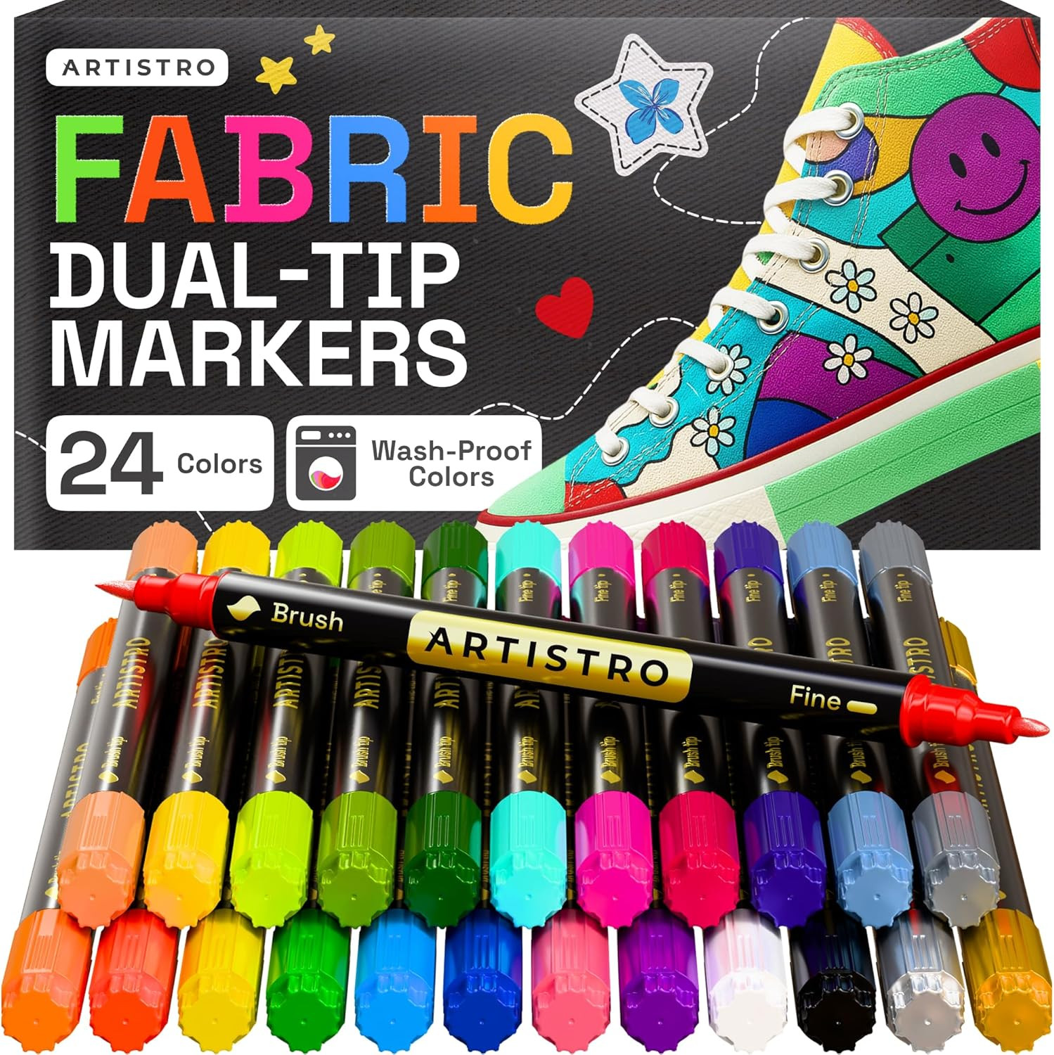 24 Fabric Markers Permanent Dual Tip Clothes Paint Pen Canvas Sneaker