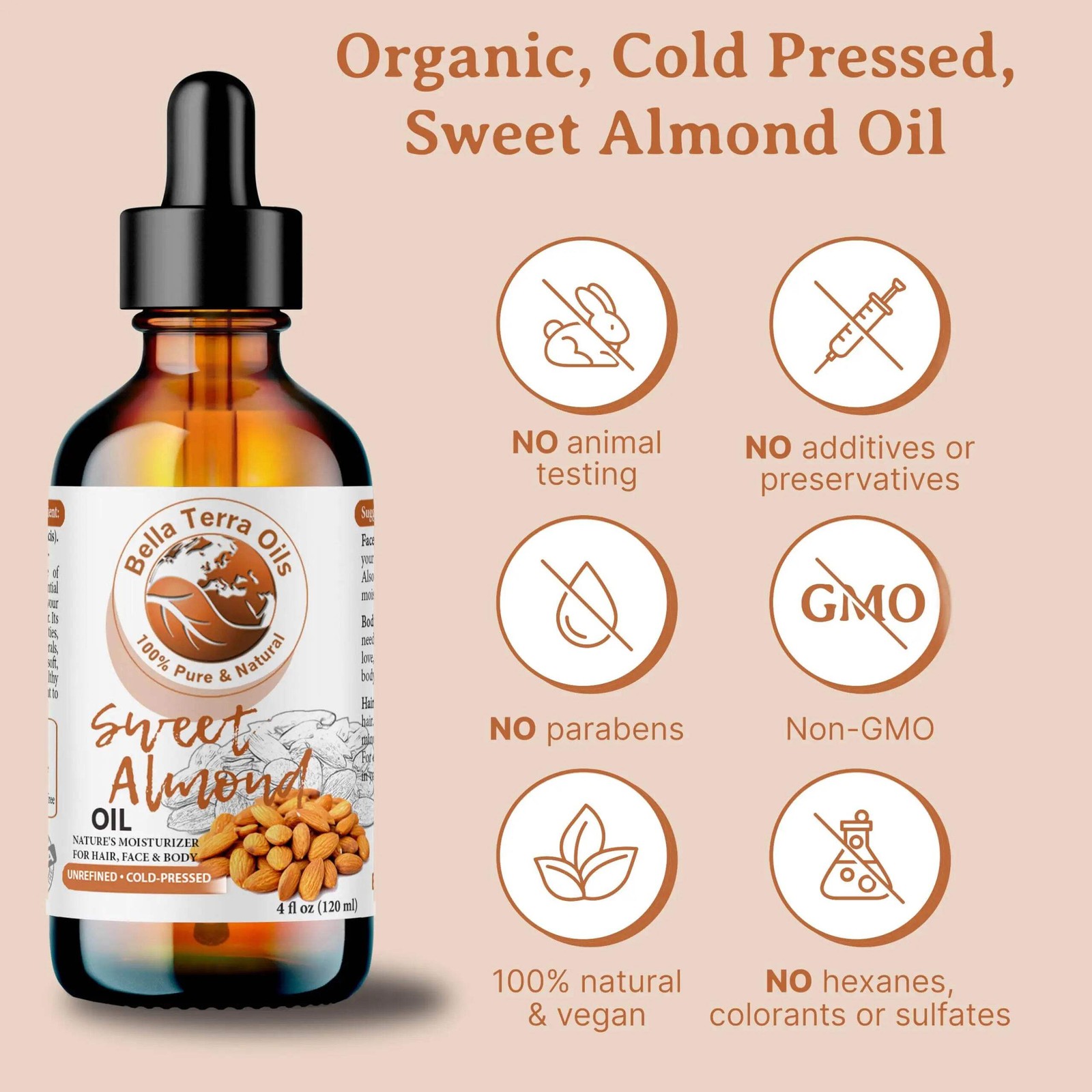 Organic Pure Sweet Almond Oil – 2oz | Premium Cold-Pressed Oil for Skin, Hair &